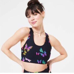 Terez Women's Dark Blue Racerback Neon Butterflies Sports Bra Size Medium